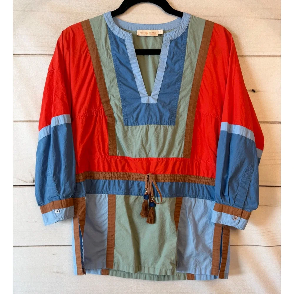 Tory Burch Colorblock Cotton Tunic Blouse Red Blue Green Tassel Size 2